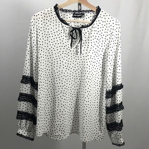 Karl Lagerfeld Long Sleeve Polka Dot White & Black Blouse with Lace Trim Size M